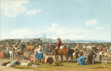 Cattle Market before a Large City on a Lake, 1820
